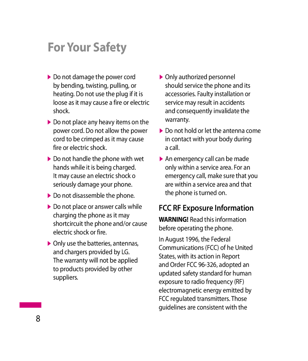 LG Electronics 600G manual FCC RF Exposure Information, Do not disassemble the phone, Call 