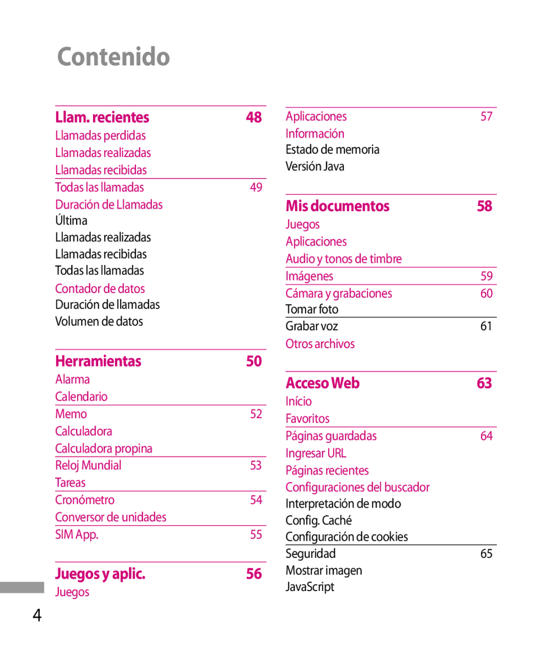 LG Electronics 600G manual Llam. recientes, Configuración de cookies Seguridad65 