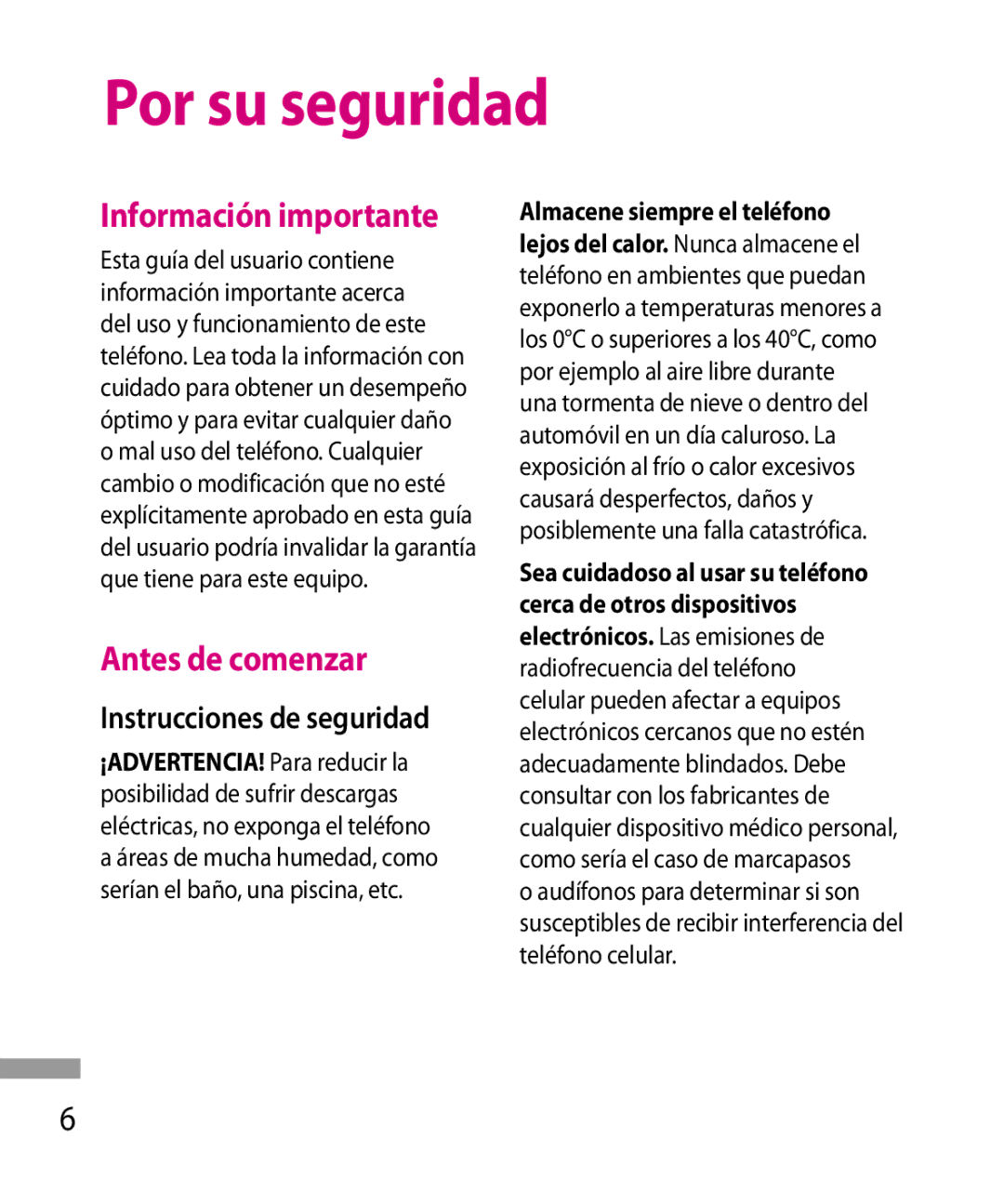 LG Electronics 600G manual Por su seguridad, Información importante, Antes de comenzar, Instrucciones de seguridad 