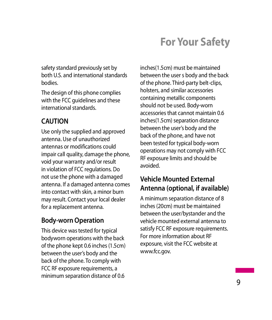 LG Electronics 600G manual For Your Safety, Body-worn Operation 