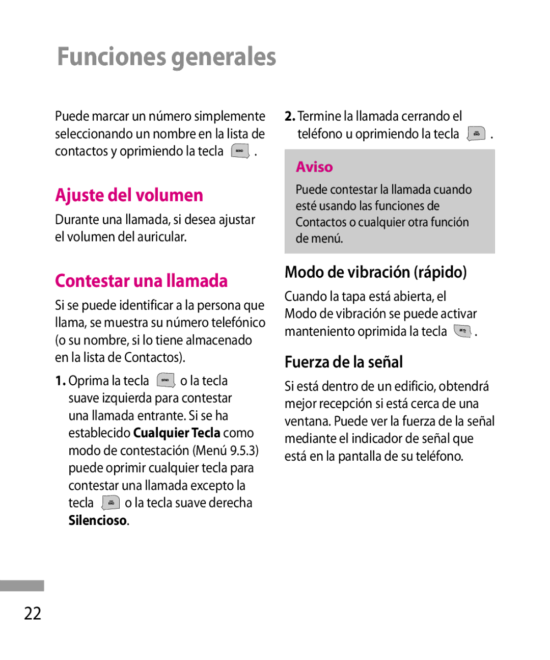 LG Electronics 600G manual Funciones generales, Ajuste del volumen, Contestar una llamada, Modo de vibración rápido 