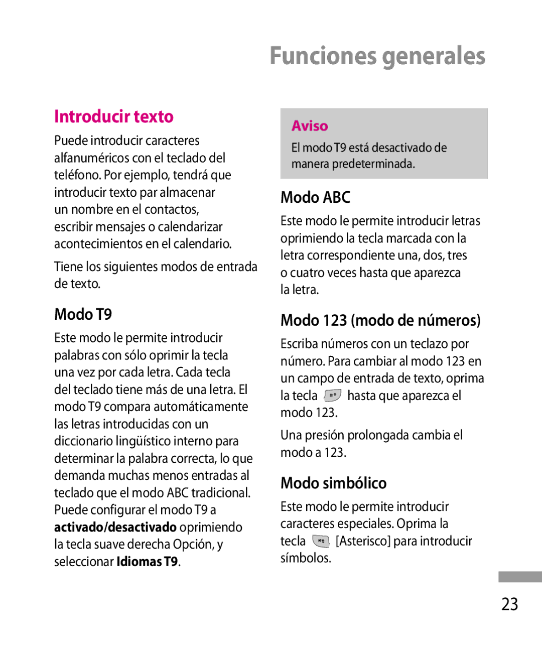 LG Electronics 600G manual Introducir texto, Modo ABC, Modo T9, Modo 123 modo de números, Modo simbólico 