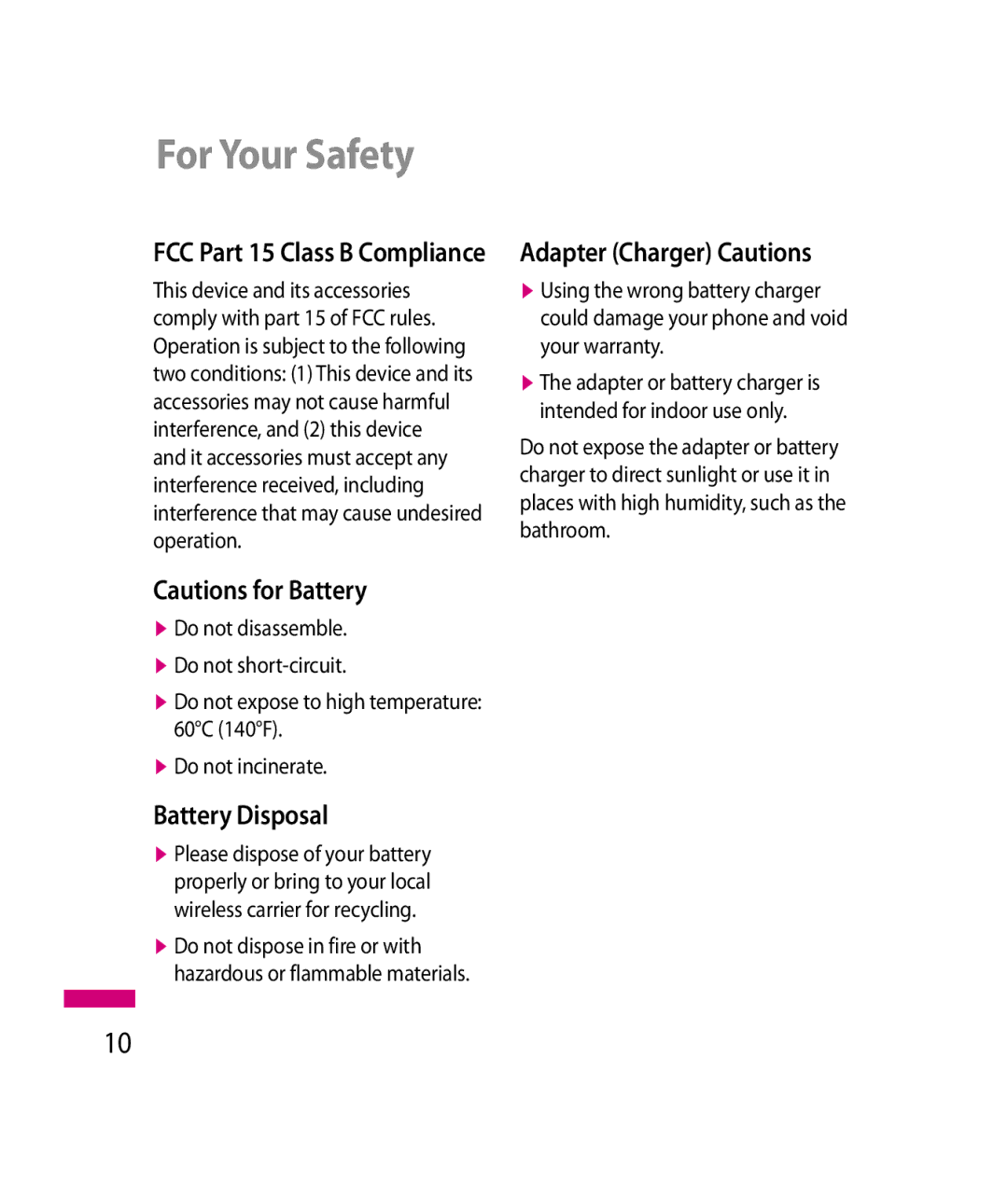 LG Electronics 600G manual Battery Disposal, Adapter Charger Cautions 