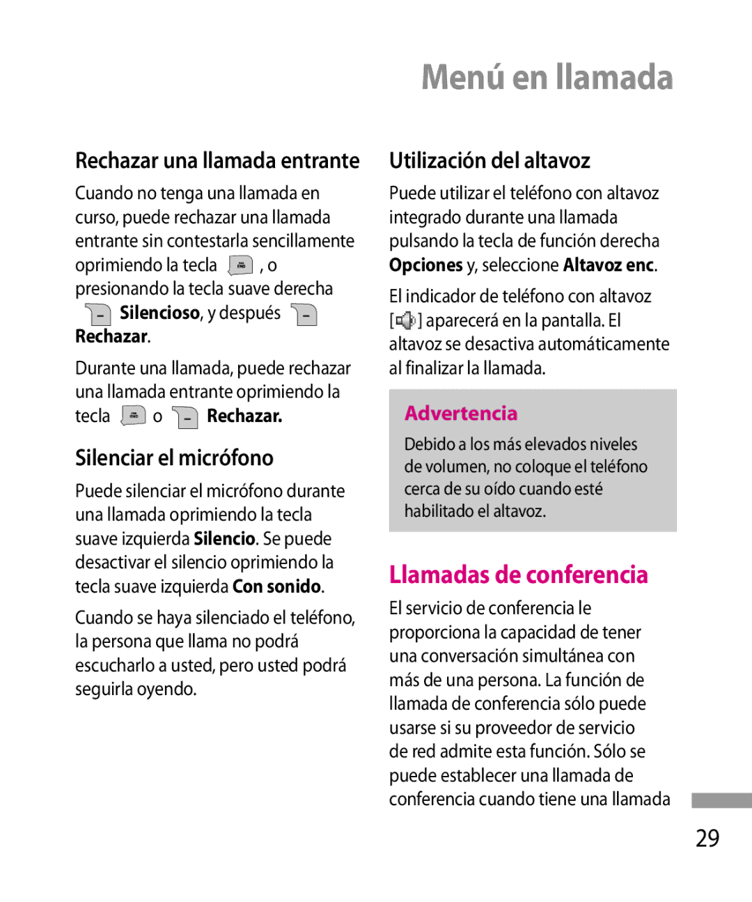 LG Electronics 600G manual Menú en llamada, Llamadas de conferencia, Silenciar el micrófono, Utilización del altavoz 