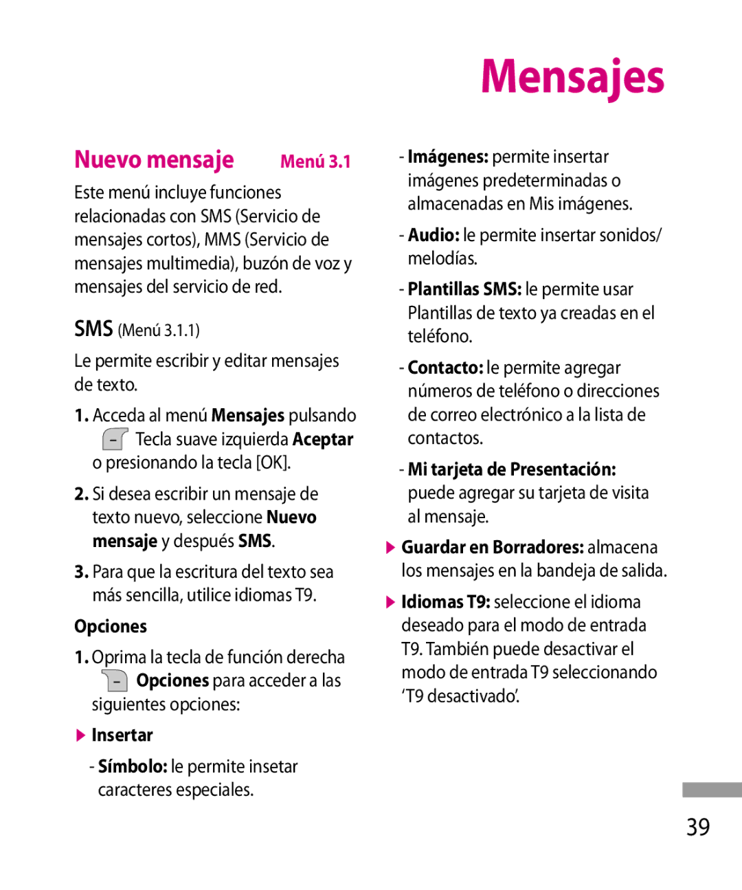 LG Electronics 600G manual Mensajes, Nuevo mensaje, Opciones, Insertar 