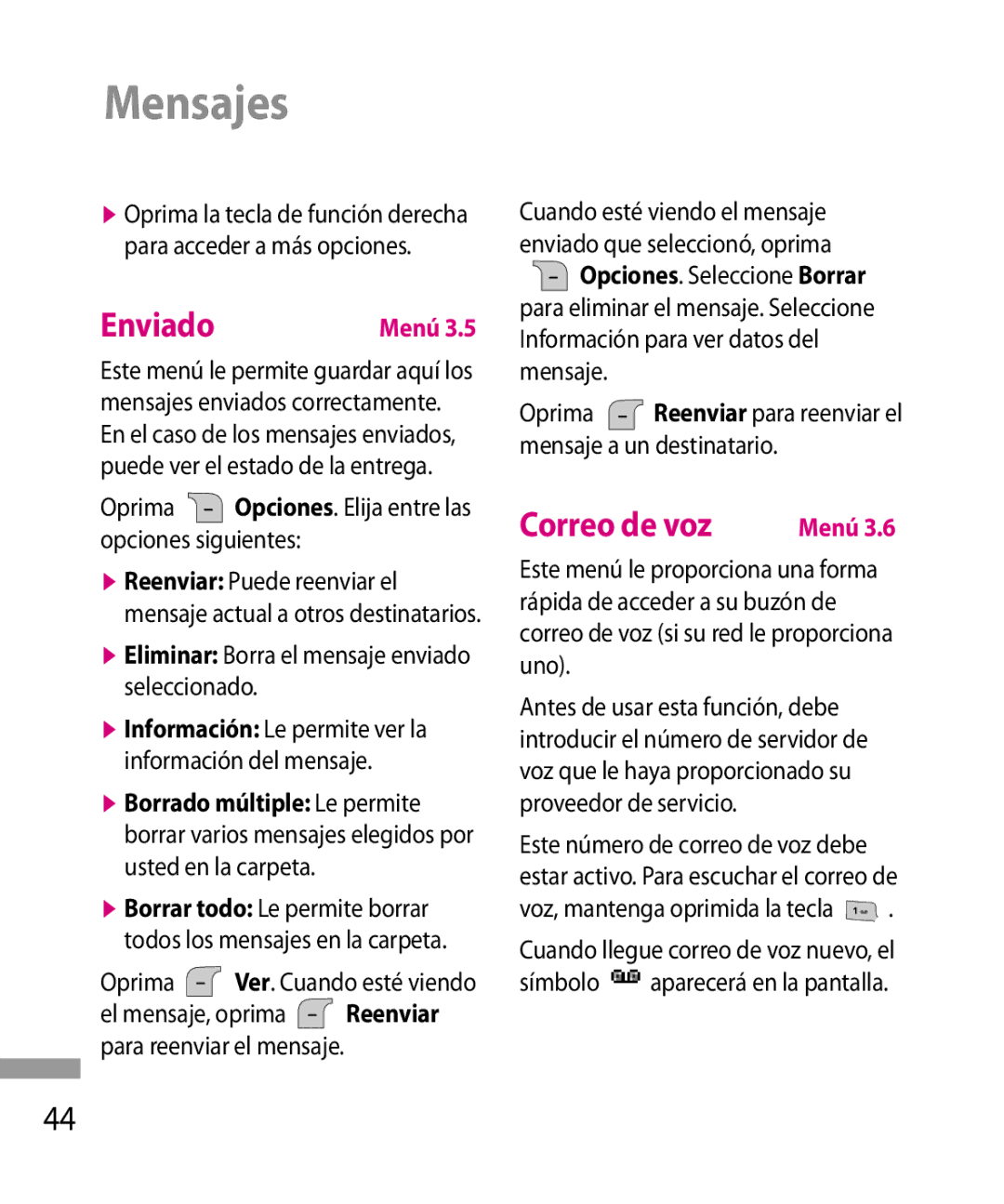 LG Electronics 600G manual Enviado, Correo de voz, Eliminar Borra el mensaje enviado seleccionado 