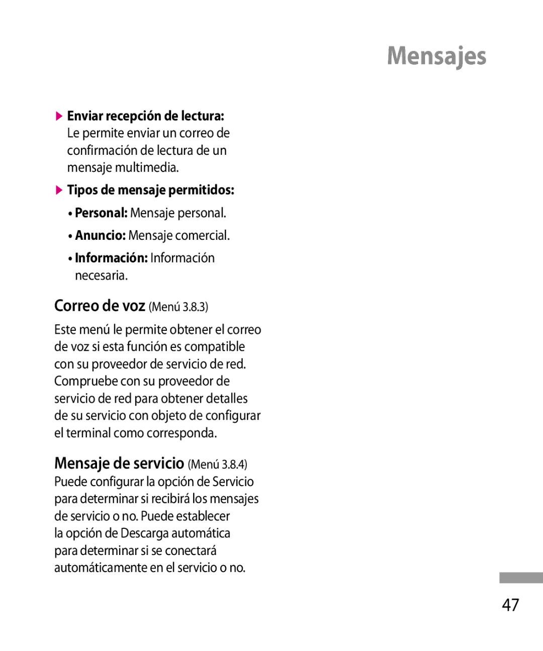 LG Electronics 600G Correo de voz Menú, Tipos de mensaje permitidos, Personal Mensaje personal Anuncio Mensaje comercial 