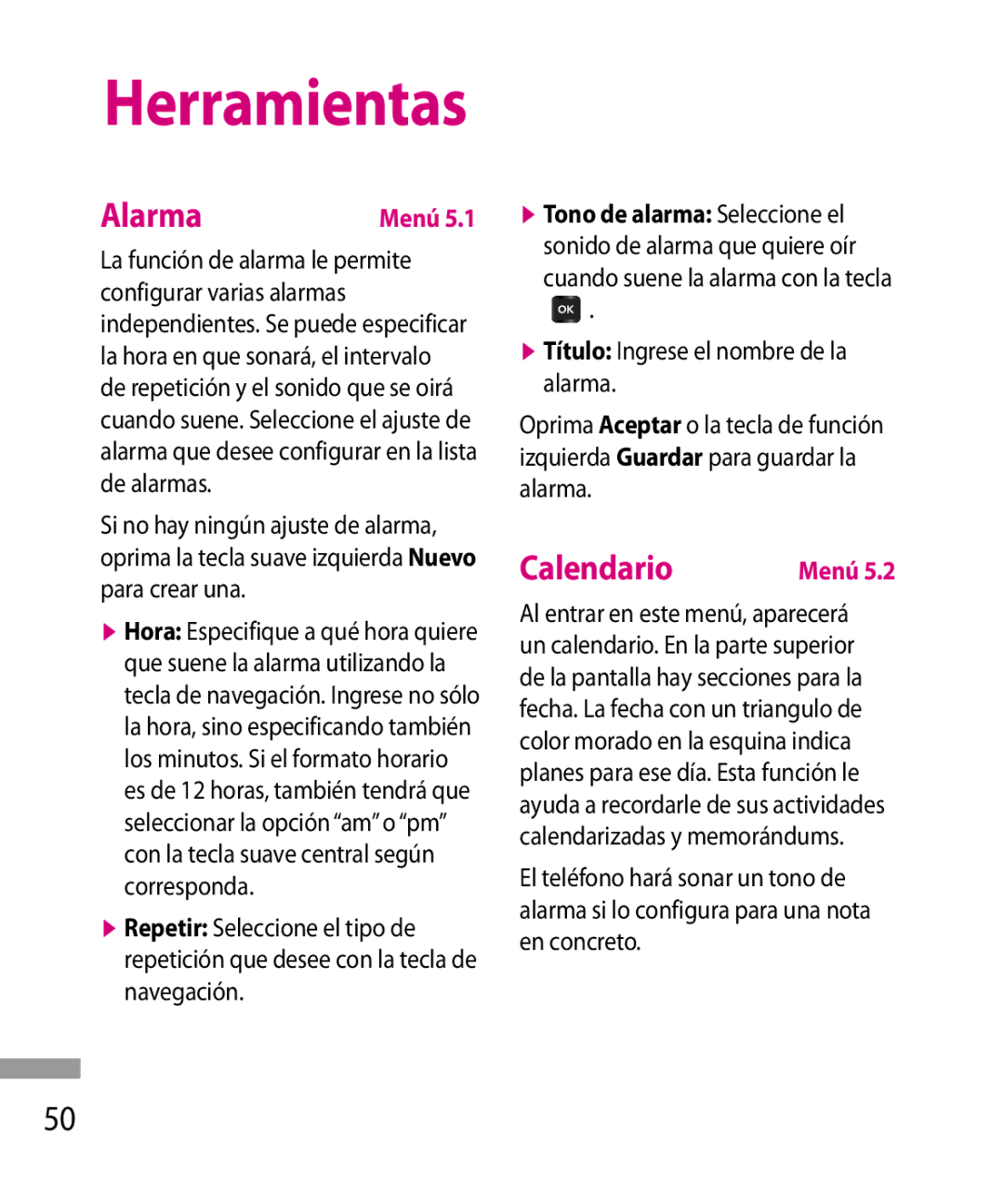 LG Electronics 600G manual Alarma, Calendario 