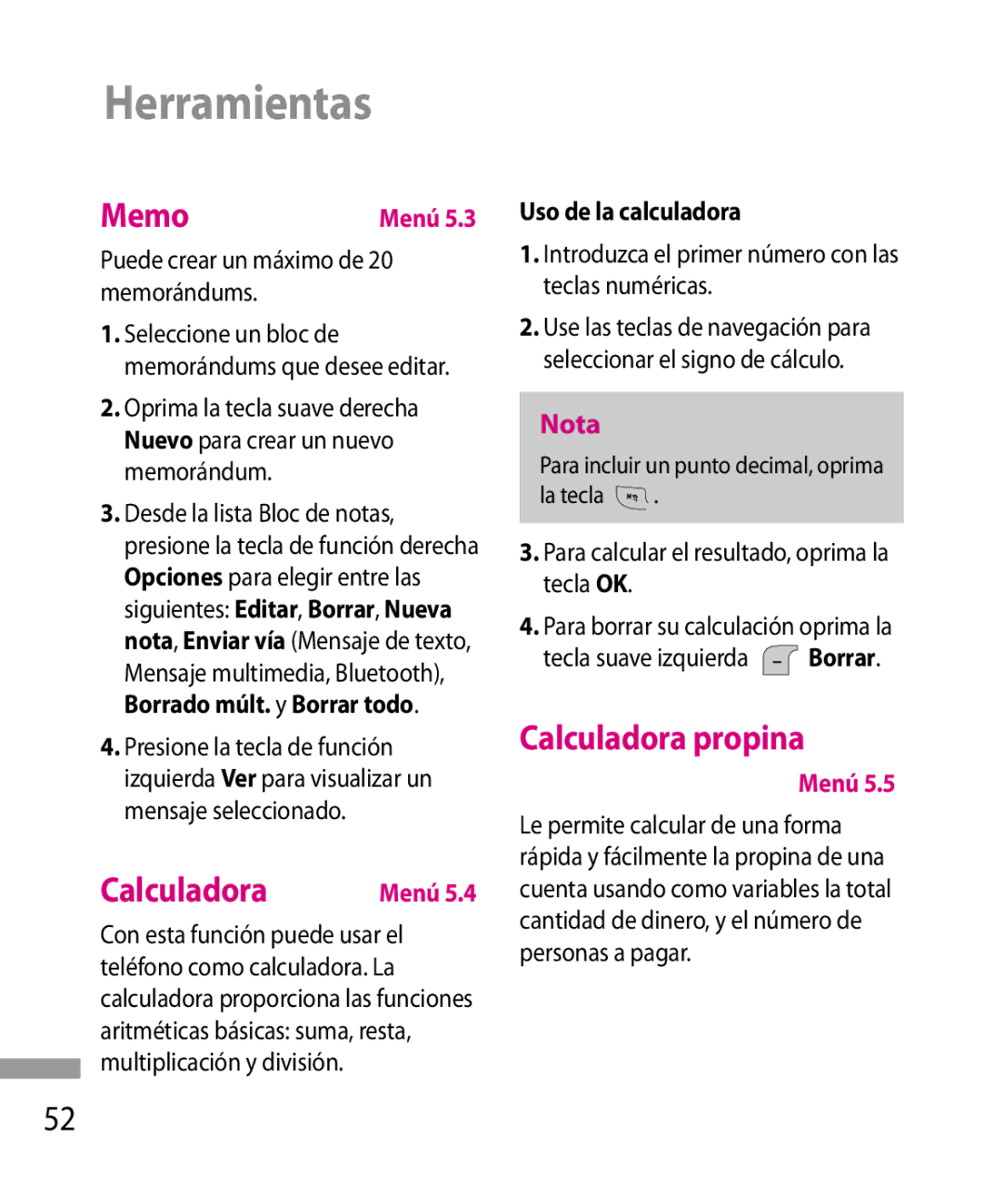 LG Electronics 600G manual Memo, Calculadora propina, Uso de la calculadora 