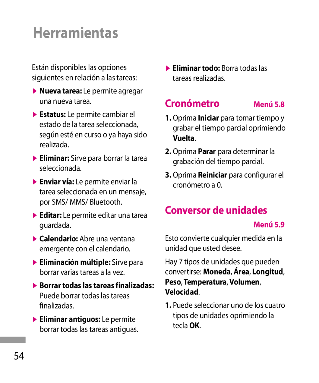 LG Electronics 600G manual Cronómetro, Conversor de unidades, Nueva tarea Le permite agregar una nueva tarea 