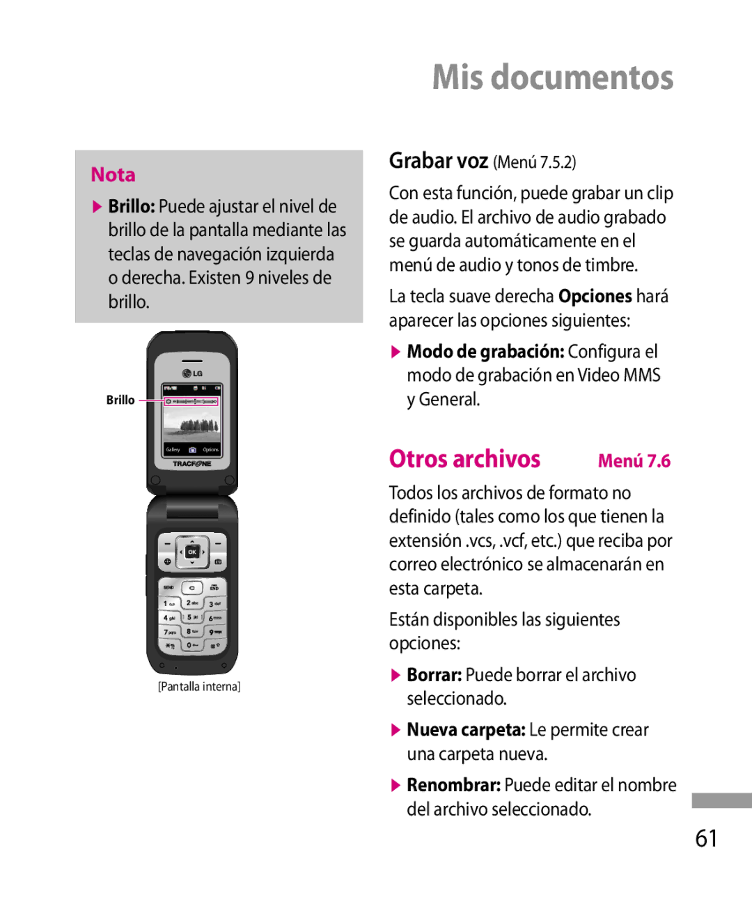 LG Electronics 600G manual Otros archivos, Grabar voz Menú 