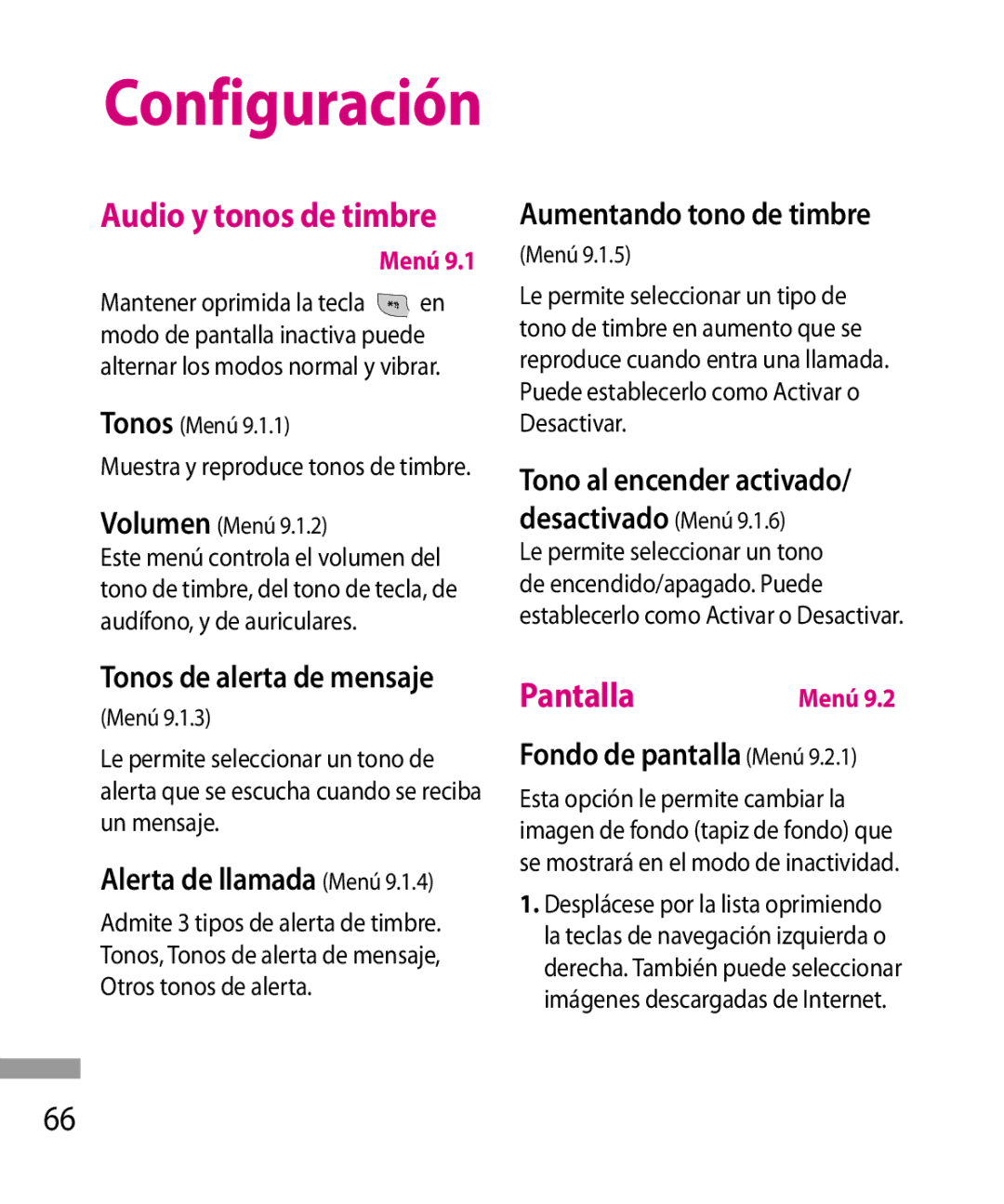 LG Electronics 600G manual Configuración, Pantalla 