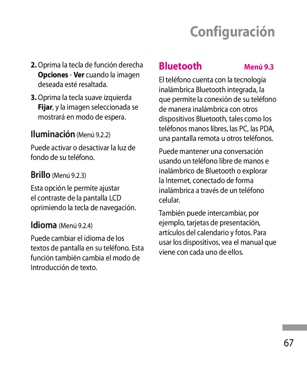 LG Electronics 600G manual Configuración, Iluminación Menú 