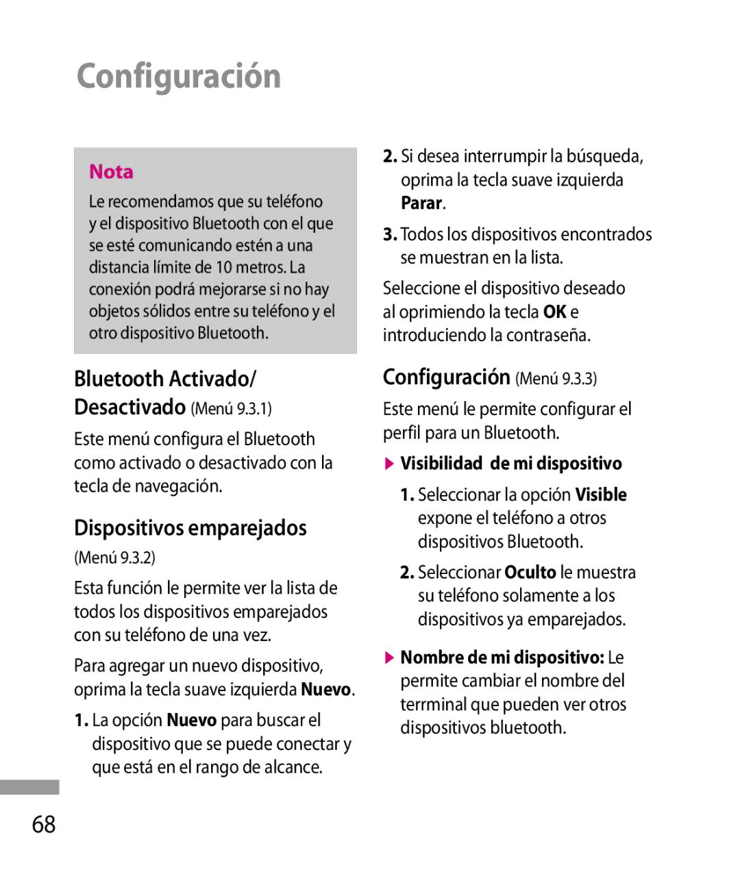 LG Electronics 600G manual Bluetooth Activado Desactivado Menú, Dispositivos emparejados, Configuración Menú 