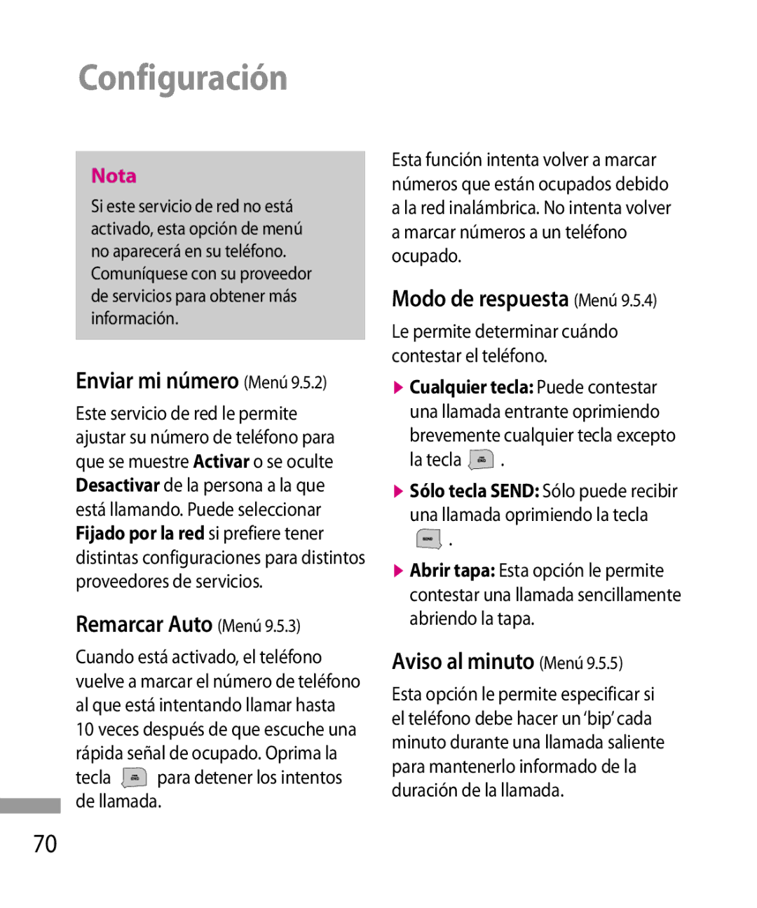 LG Electronics 600G manual Enviar mi número Menú, Remarcar Auto Menú, Modo de respuesta Menú, Aviso al minuto Menú 