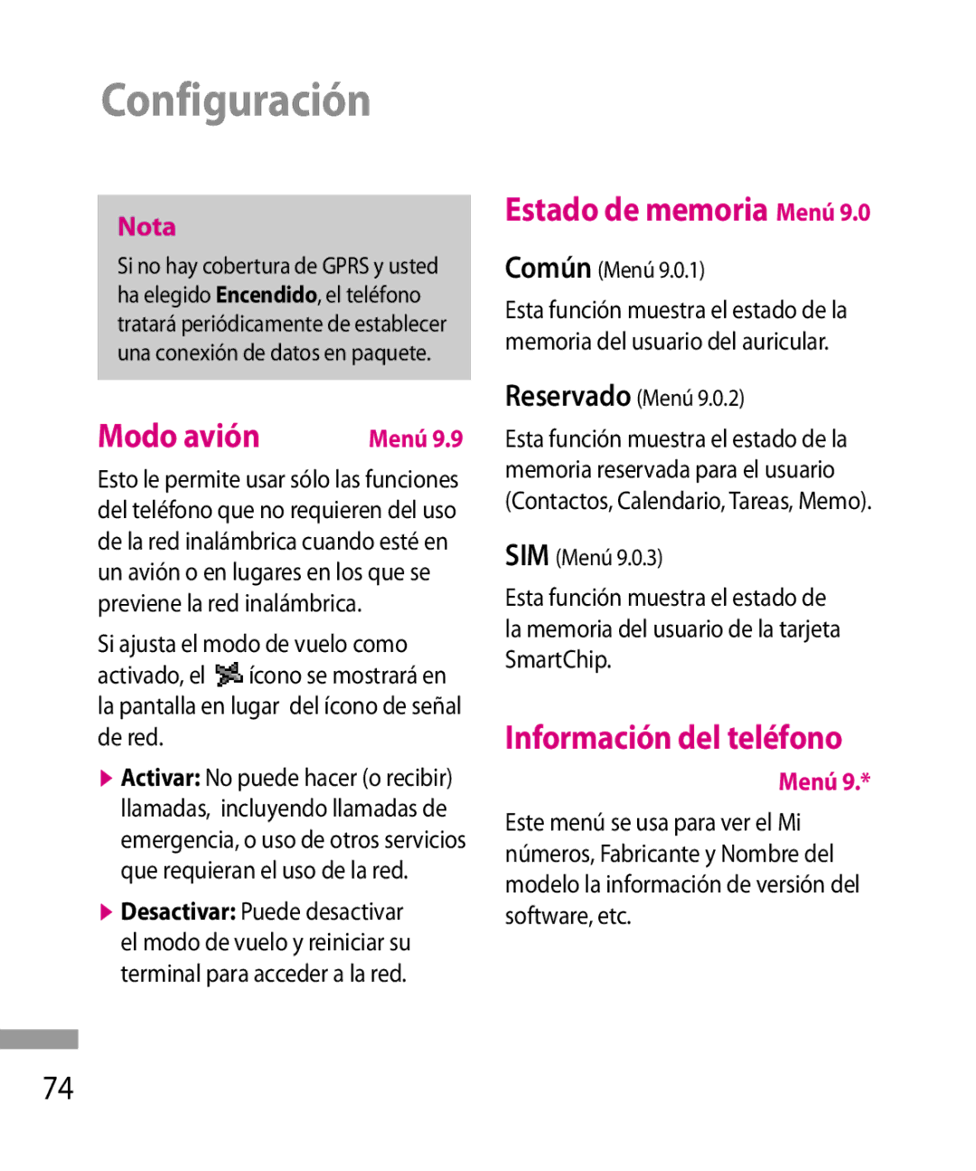 LG Electronics 600G manual Modo avión, Estado de memoria Menú, Información del teléfono, Común Menú, Reservado Menú 