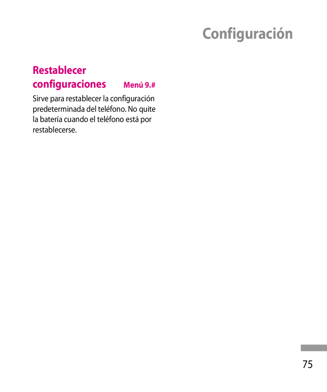 LG Electronics 600G manual Restablecer Configuraciones, Menú 9.# 