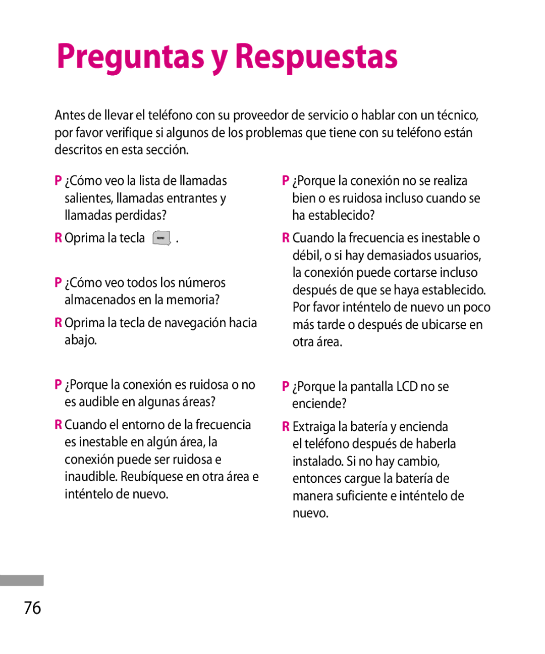 LG Electronics 600G manual Preguntas y Respuestas, Oprima la tecla de navegación hacia abajo 