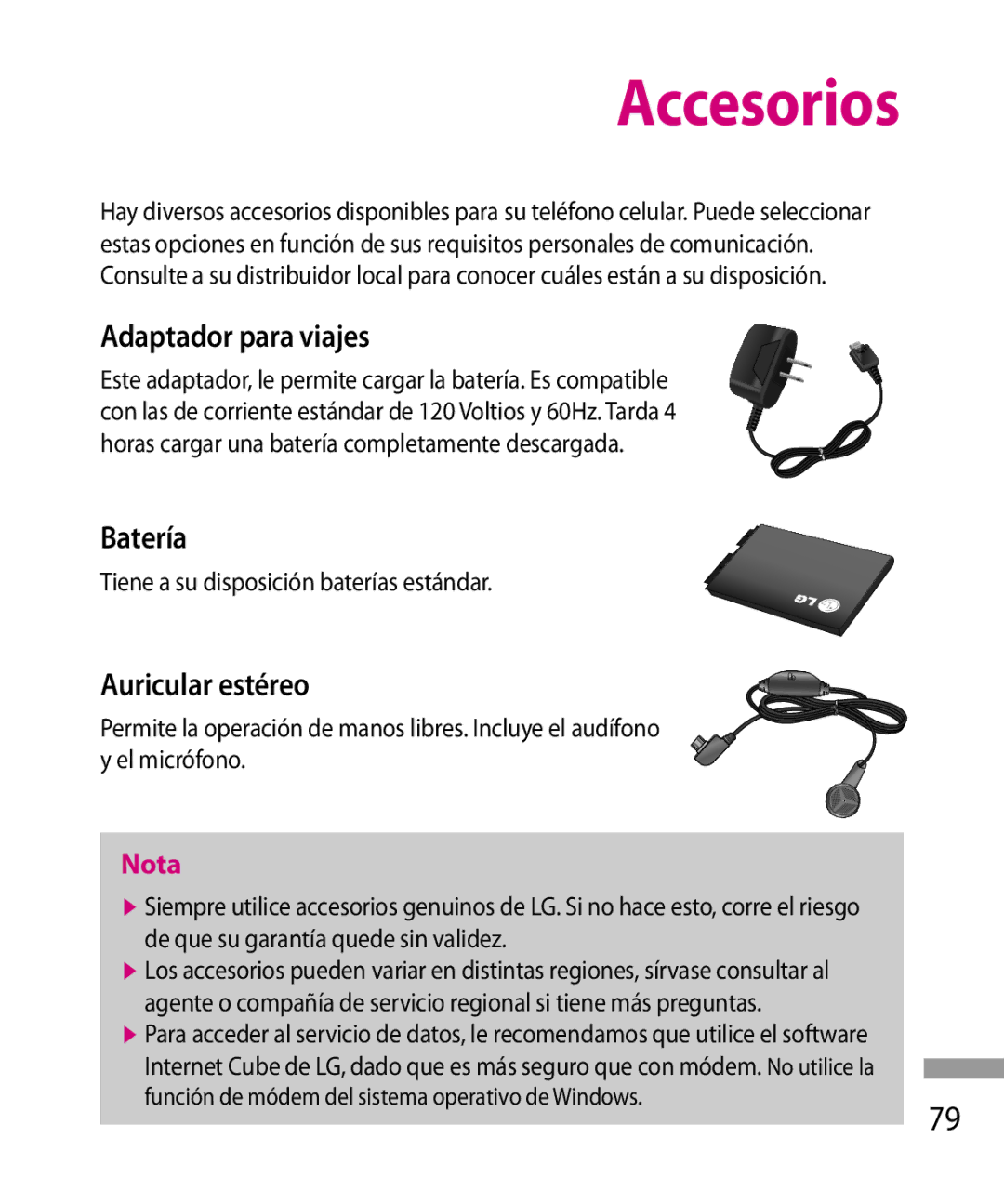 LG Electronics 600G manual Accesorios, Adaptador para viajes, Batería, Auricular estéreo 