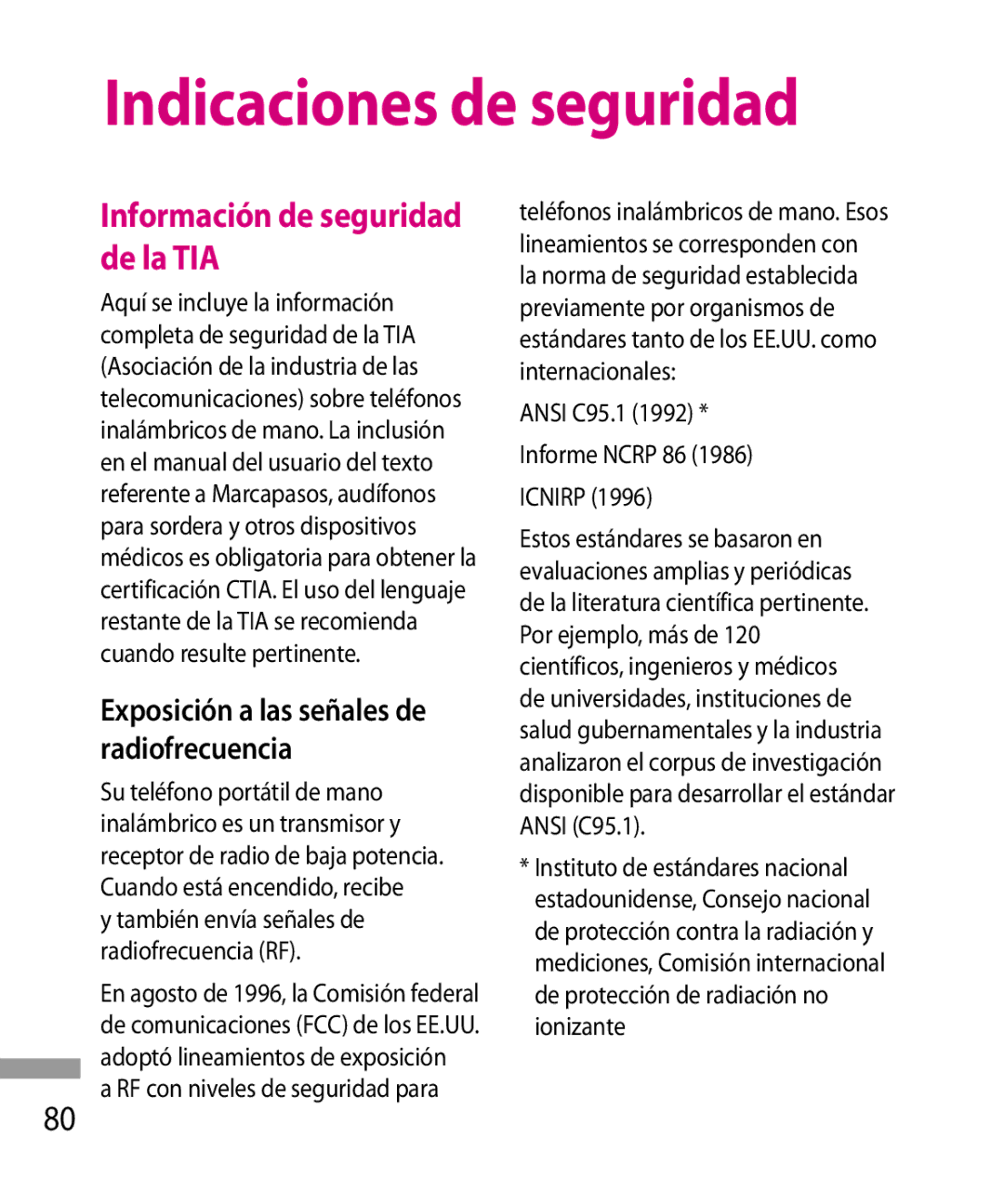 LG Electronics 600G manual Indicaciones de seguridad, Información de seguridad de la TIA, Ansi C95.1 Informe Ncrp 86 Icnirp 