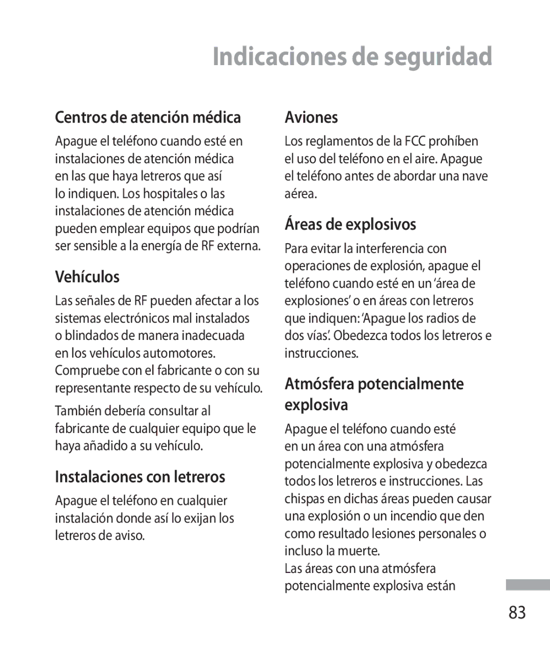 LG Electronics 600G manual Vehículos, Instalaciones con letreros, Aviones, Áreas de explosivos 