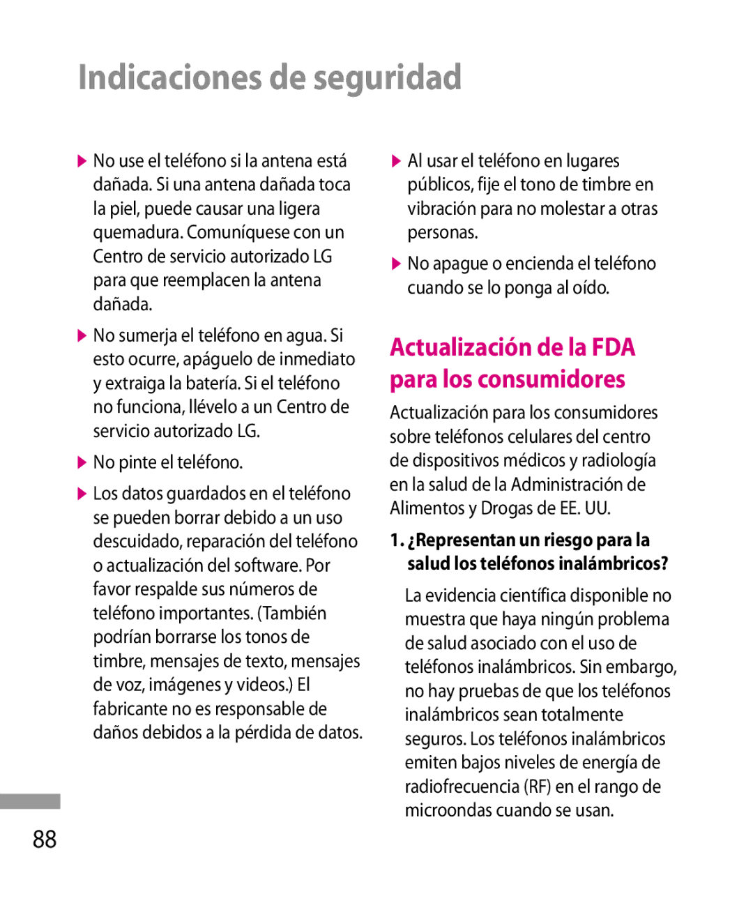 LG Electronics 600G manual Actualización de la FDA para los consumidores, No pinte el teléfono 