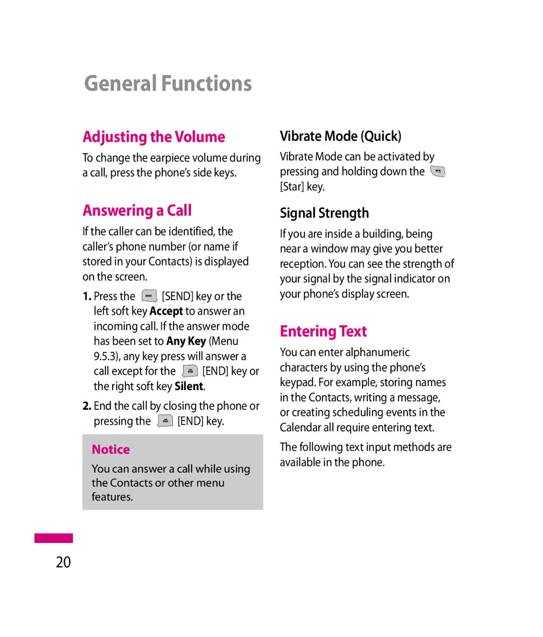 LG Electronics 600G manual General Functions, Adjusting the Volume, Answering a Call, Entering Text 