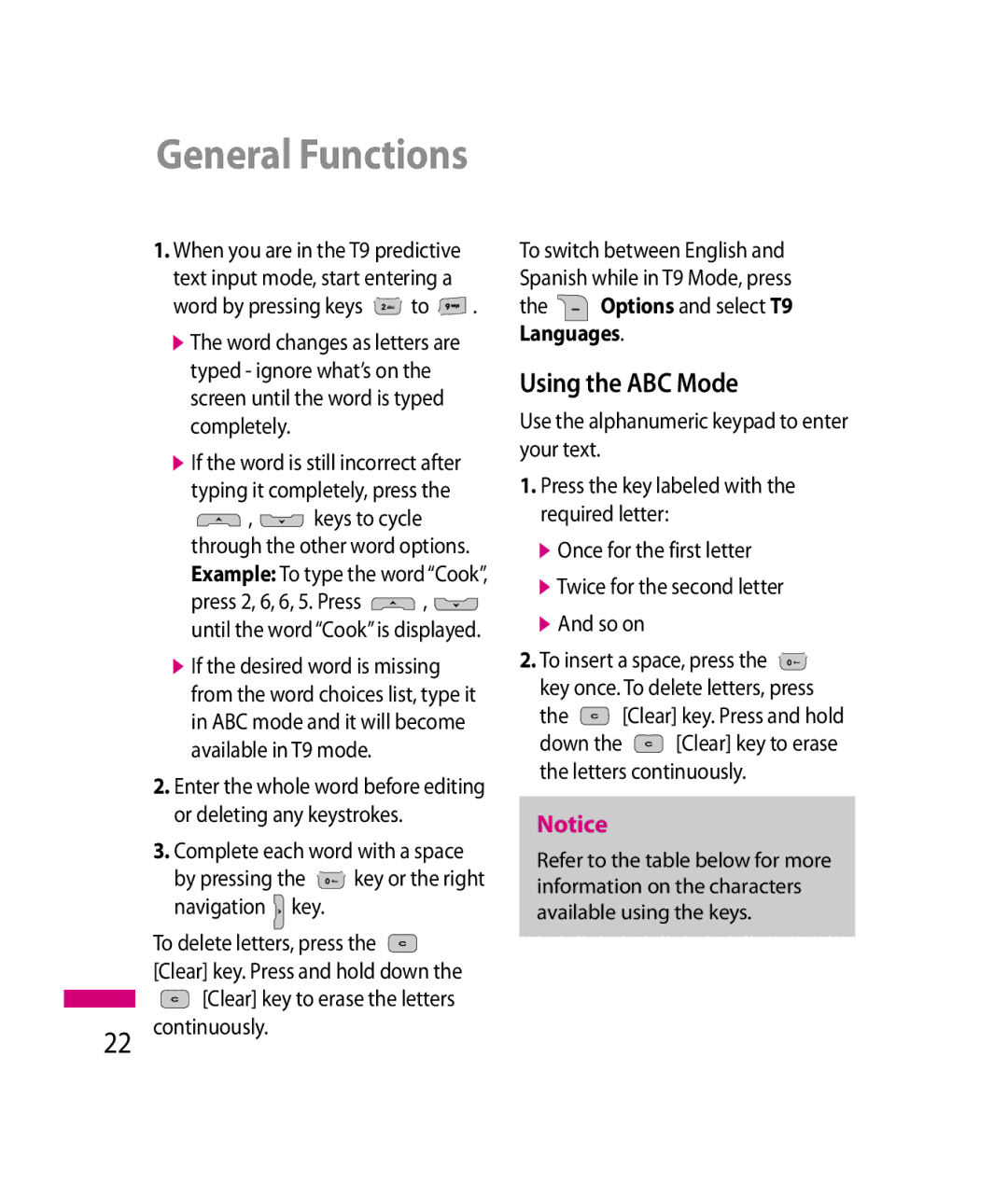 LG Electronics 600G manual Using the ABC Mode, Options and select T9 Languages 