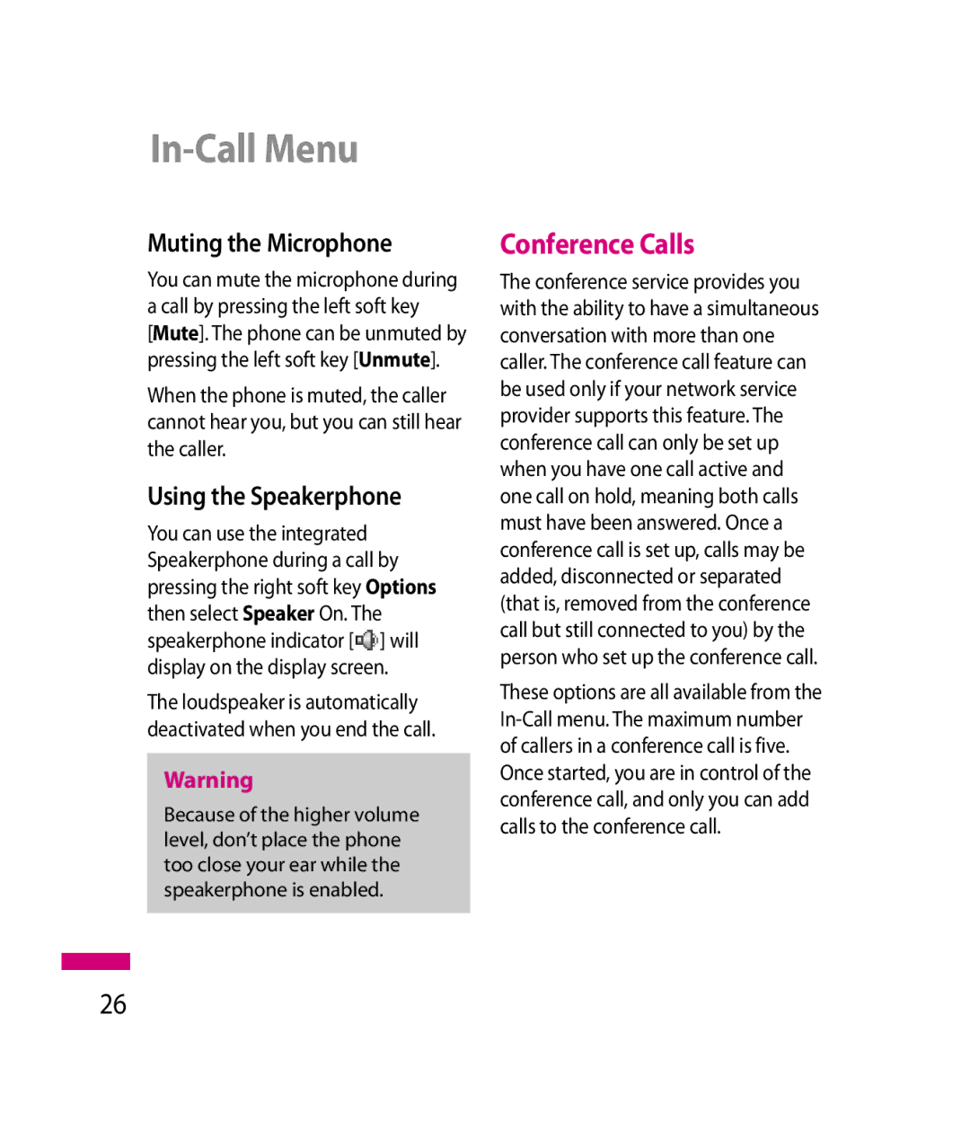 LG Electronics 600G manual In-Call Menu, Conference Calls, Muting the Microphone, Using the Speakerphone 