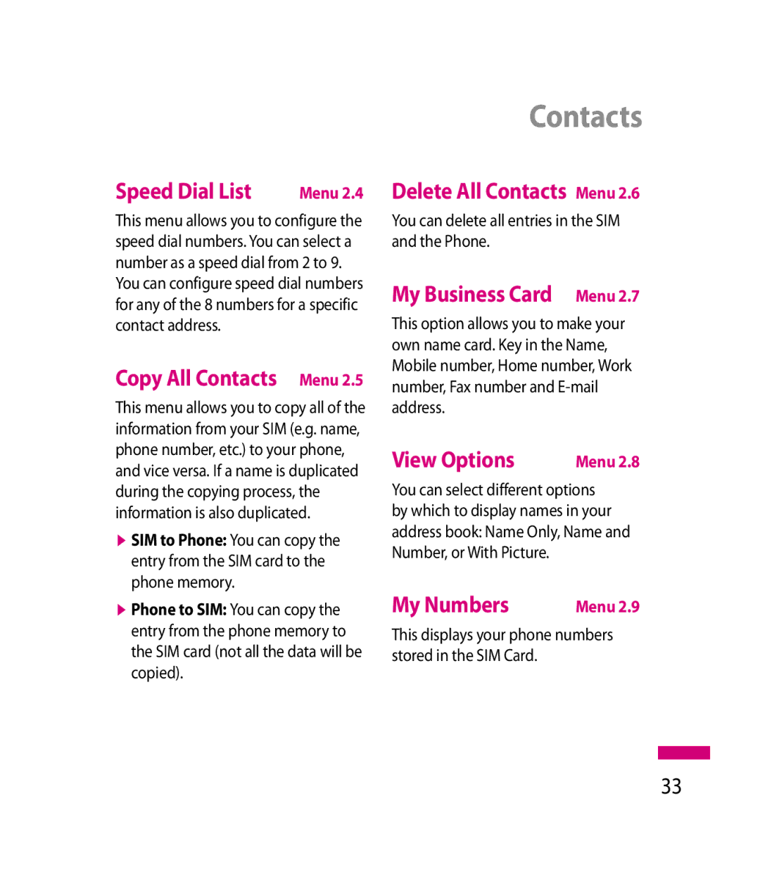 LG Electronics 600G manual Contacts 