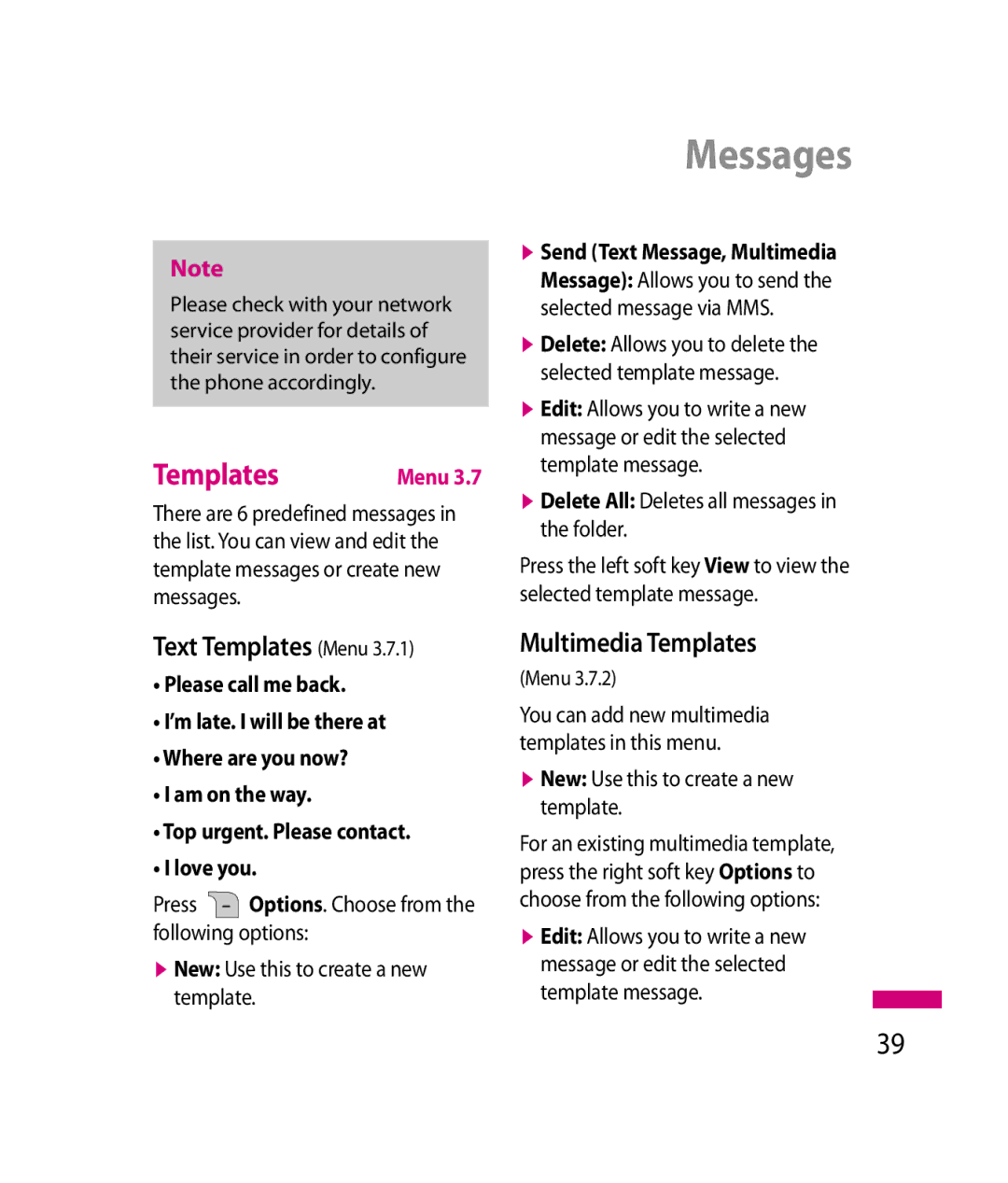 LG Electronics 600G manual Text Templates Menu, Multimedia Templates, Edit Allows you to write a new 