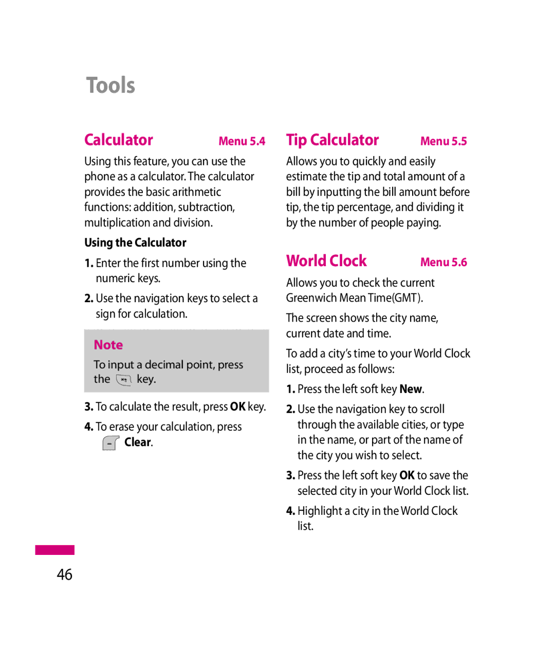 LG Electronics 600G manual Tip Calculator, World Clock, Using the Calculator, Clear 