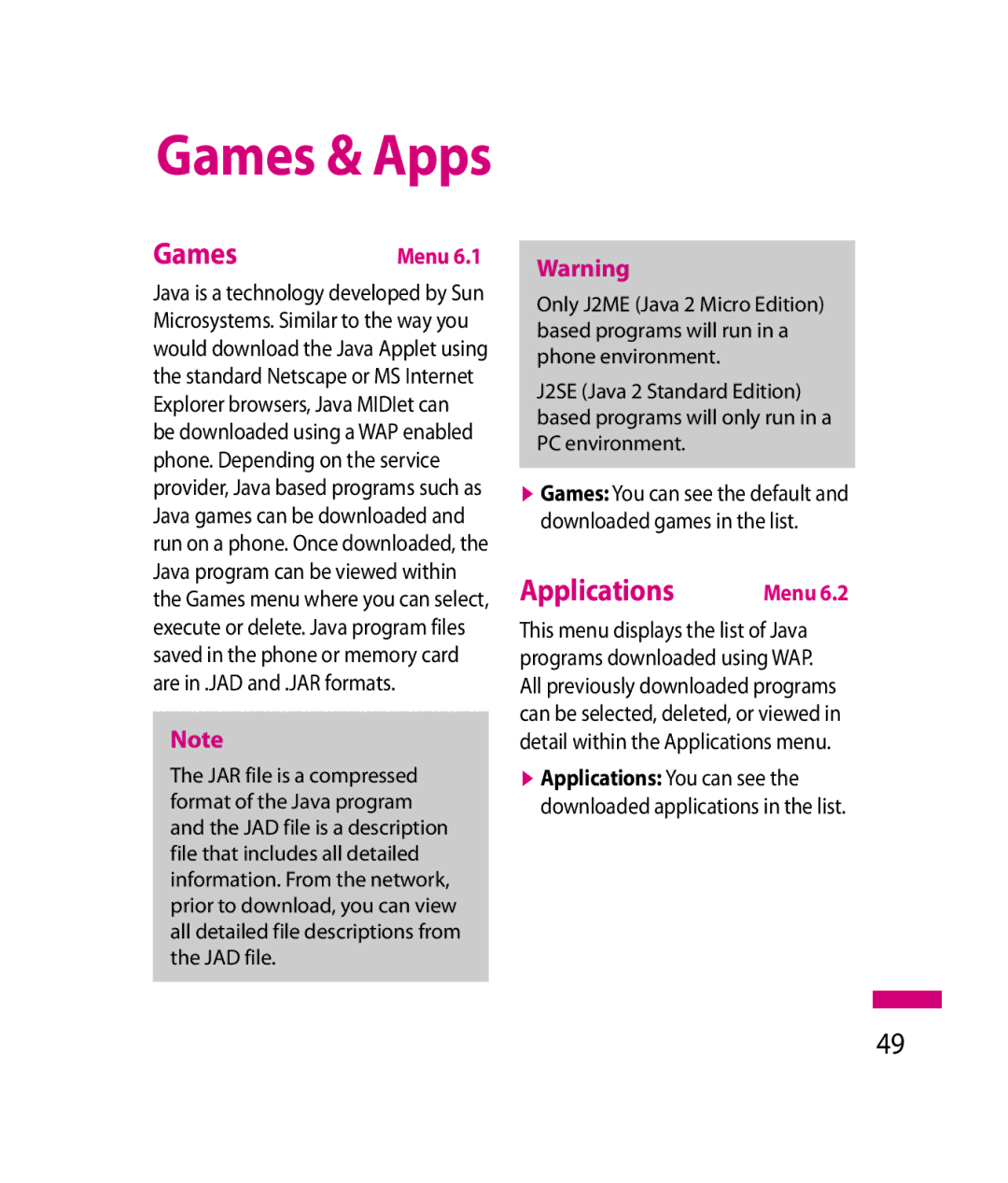 LG Electronics 600G manual Games & Apps, Applications 