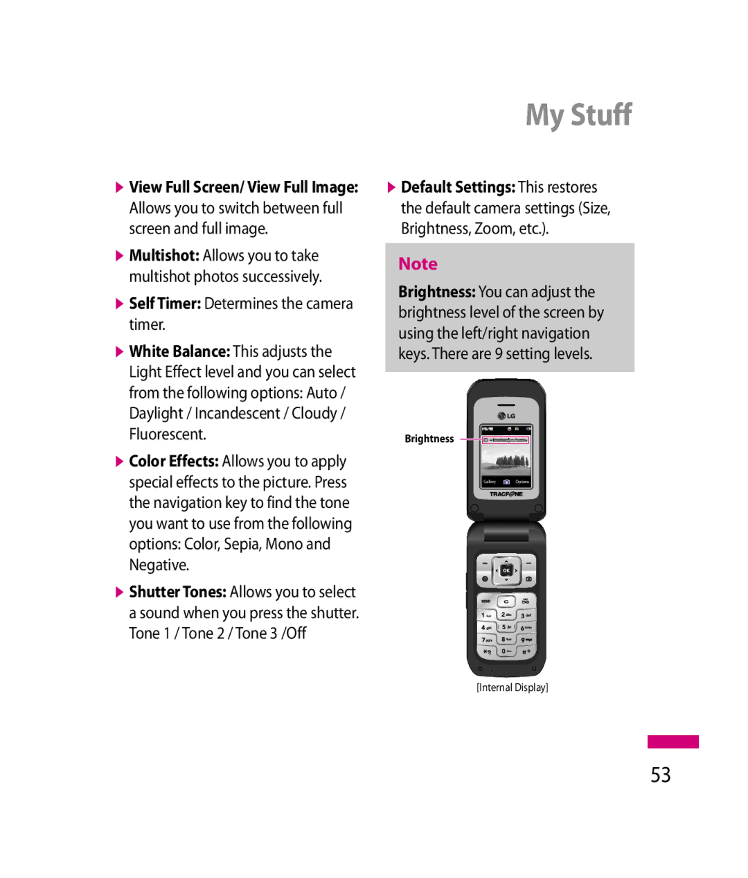 LG Electronics 600G manual Self Timer Determines the camera timer, Allows you to switch between full screen and full image 