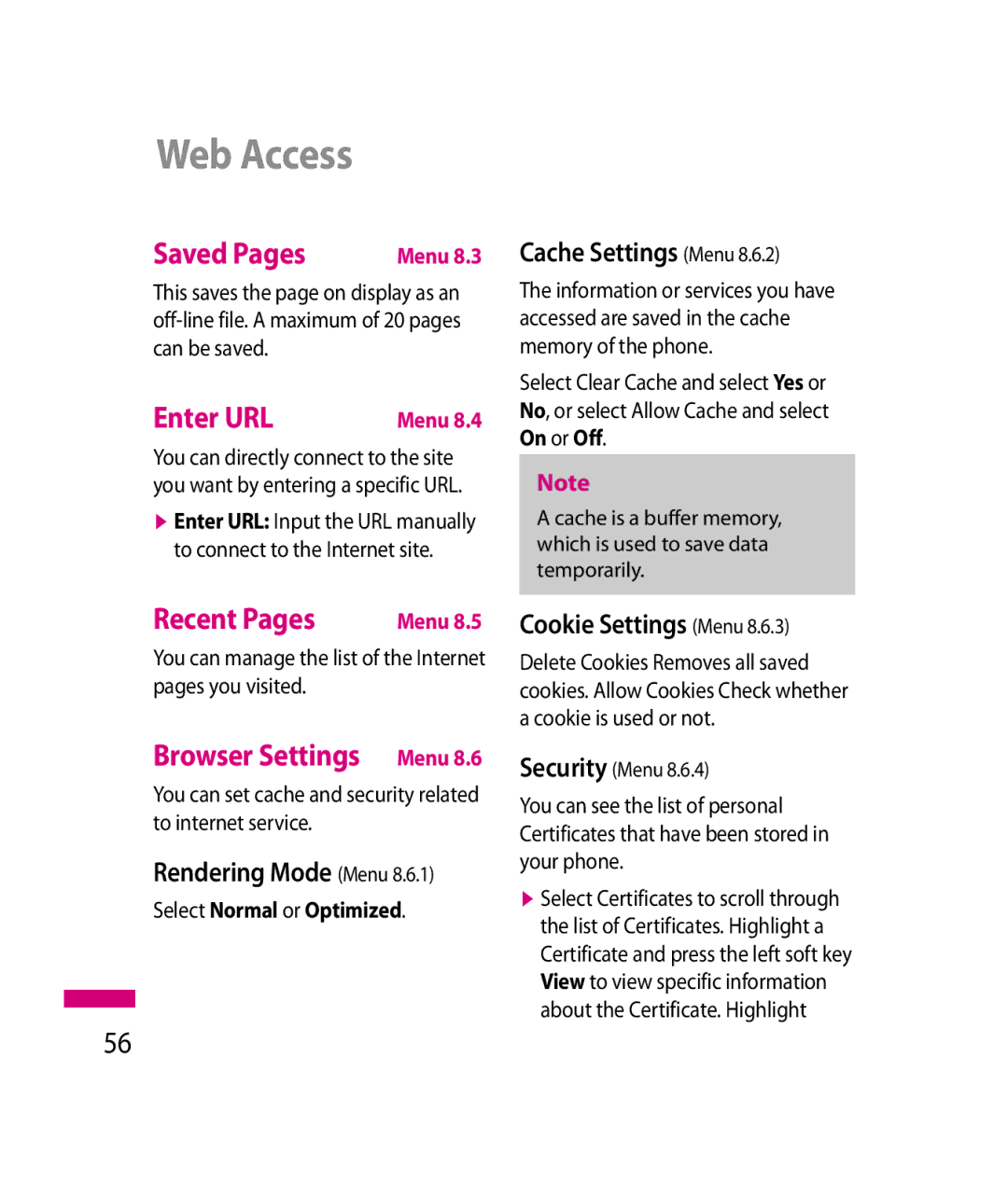 LG Electronics 600G manual Web Access, Saved Pages, Enter URL, Recent Pages, Browser Settings Menu 