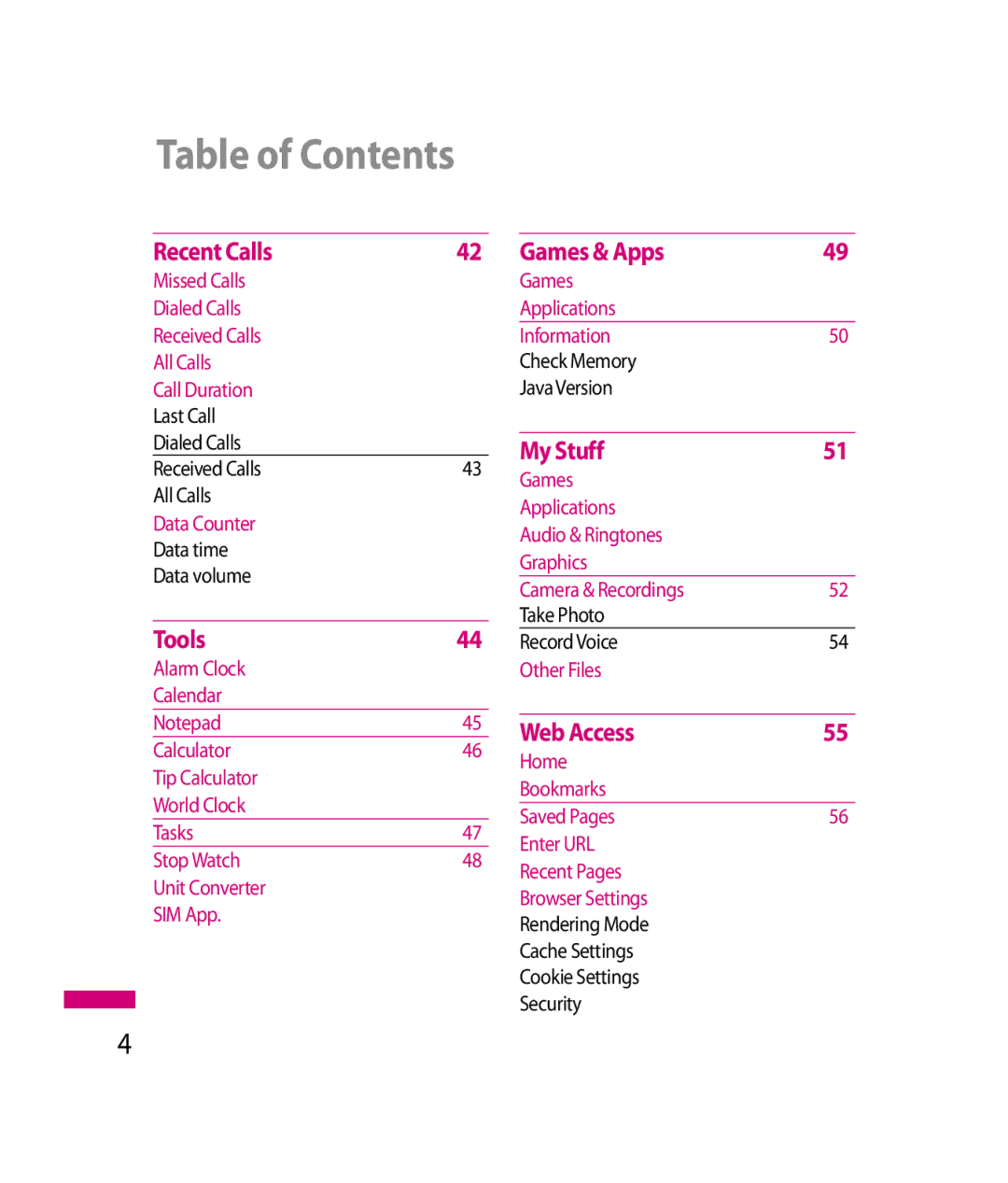 LG Electronics 600G manual Table of Contents 