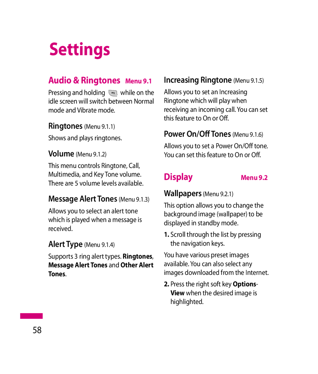 LG Electronics 600G manual Settings, Display, Increasing Ringtone Menu, Power On/Off Tones Menu, Message Alert Tones Menu 