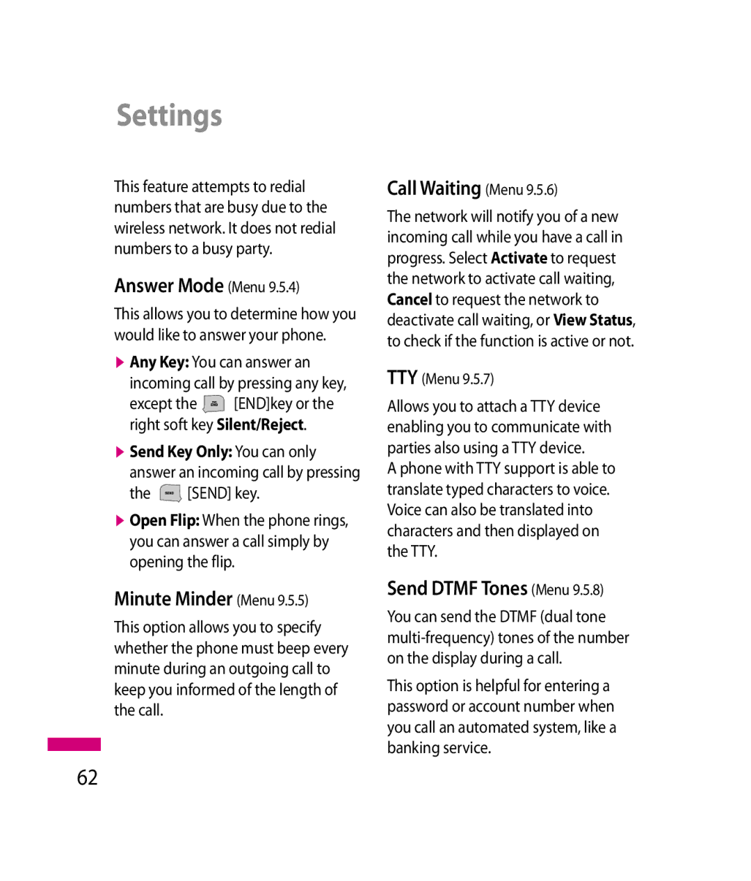 LG Electronics 600G manual Answer Mode Menu, Minute Minder Menu, Call Waiting Menu, Send Dtmf Tones Menu, Send key 