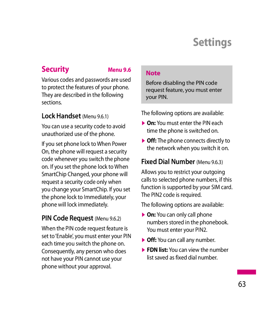 LG Electronics 600G manual Security, Lock Handset Menu, PIN Code Request Menu, Fixed Dial Number Menu 