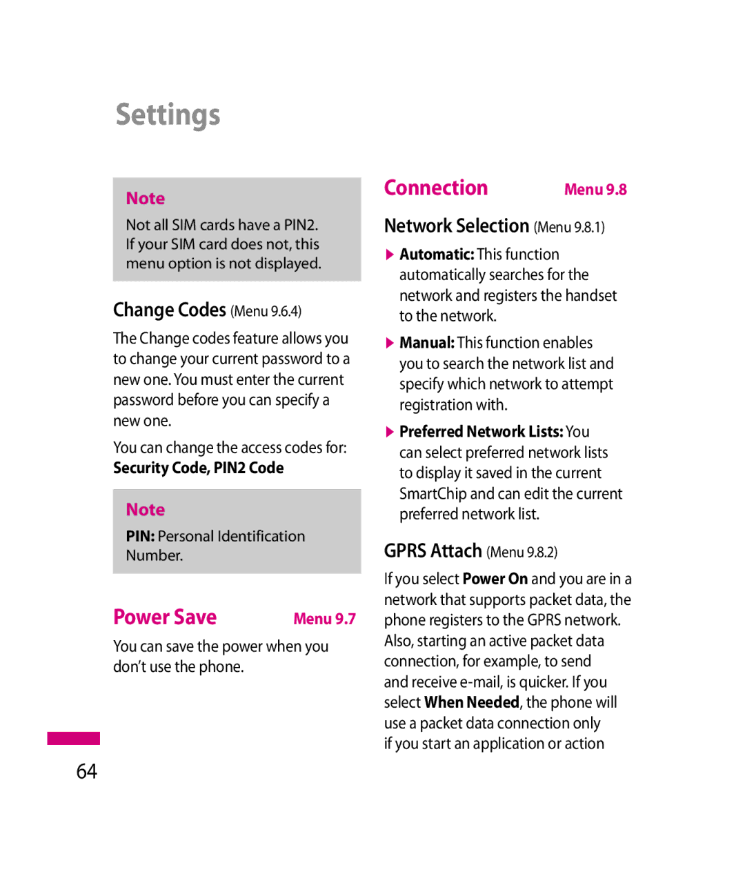 LG Electronics 600G manual Power Save, Connection, Change Codes Menu, Network Selection Menu, Gprs Attach Menu 