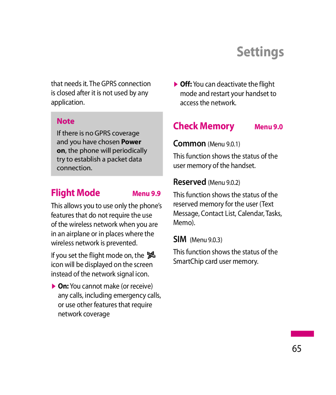 LG Electronics 600G manual Flight Mode, Check Memory, Common Menu, Reserved Menu, SIM Menu 