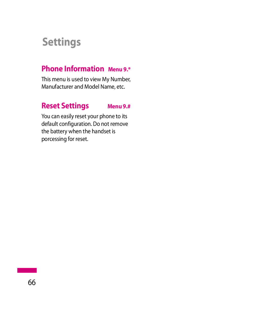 LG Electronics 600G manual Phone Information Menu, Reset Settings 