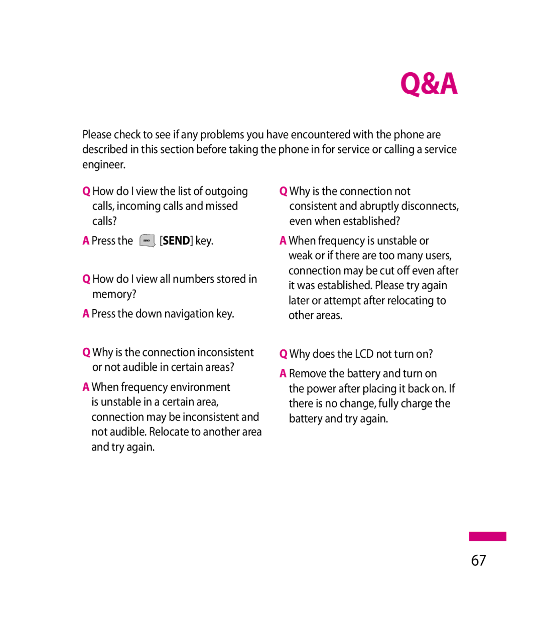 LG Electronics 600G manual Why does the LCD not turn on?, How do I view the list of outgoing 