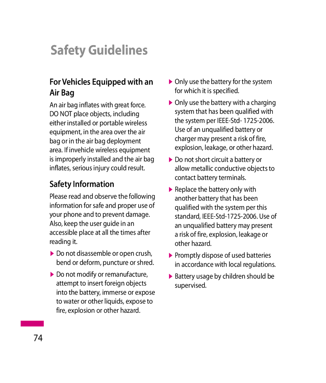 LG Electronics 600G manual For Vehicles Equipped with an Air Bag, Battery usage by children should be supervised 