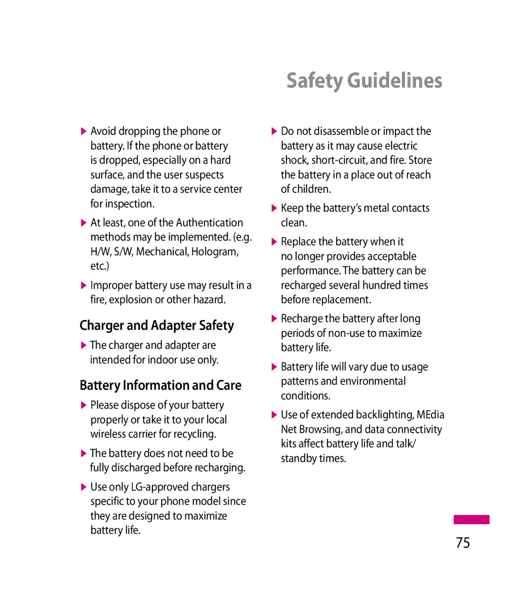 LG Electronics 600G manual Charger and Adapter Safety, Keep the battery’s metal contacts clean 