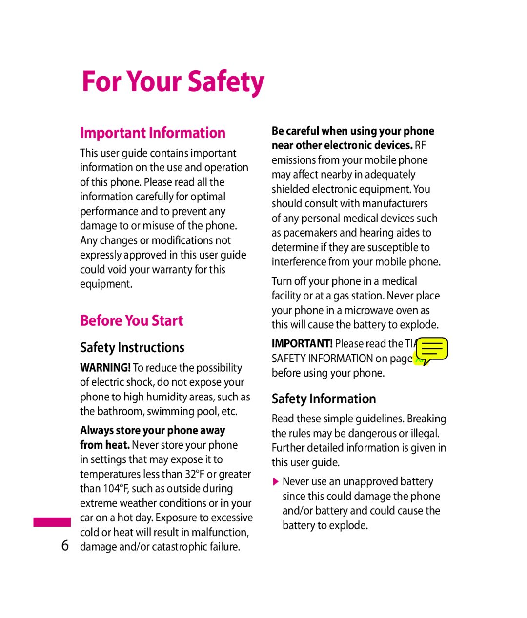 LG Electronics 600G For Your Safety, Important Information, Before You Start, Safety Instructions, Safety Information 