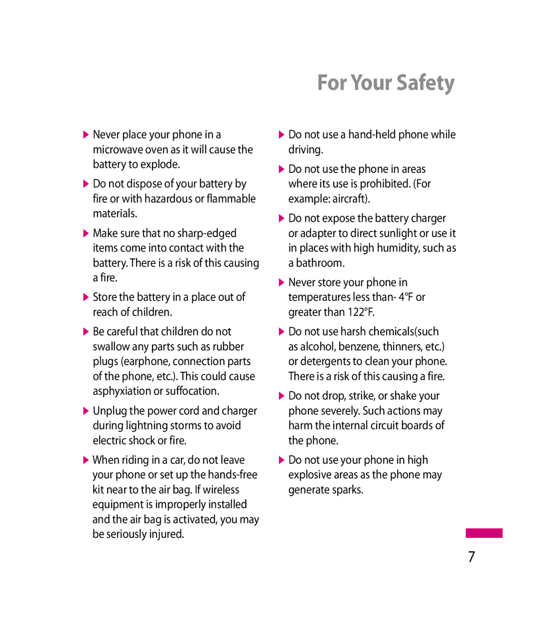 LG Electronics 600G manual For Your Safety, Do not use a hand-held phone while driving, Bathroom 