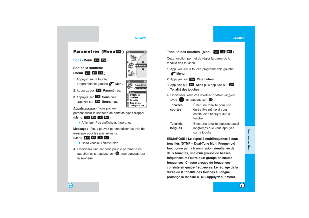 LG Electronics 6070 manual Paramètres Menu, Sons Menu, Son de la sonnerie Menu, Tonalité des touches Menu 