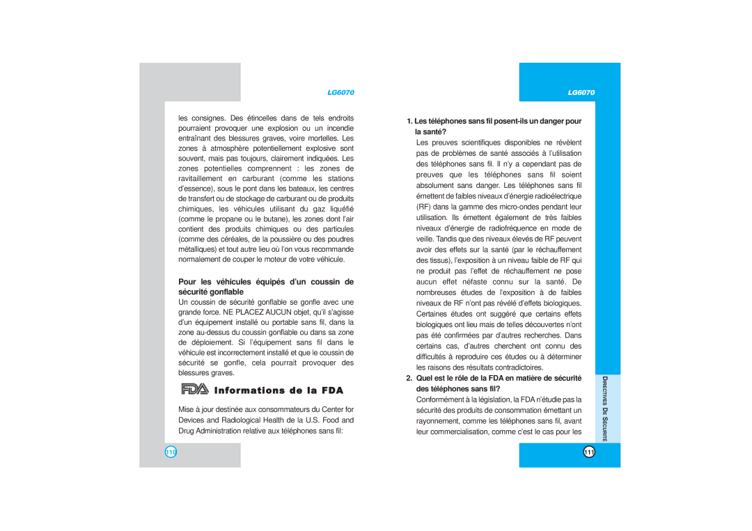 LG Electronics 6070 manual Informations de la FDA, Les téléphones sans fil posent-ils un danger pour la santé? 