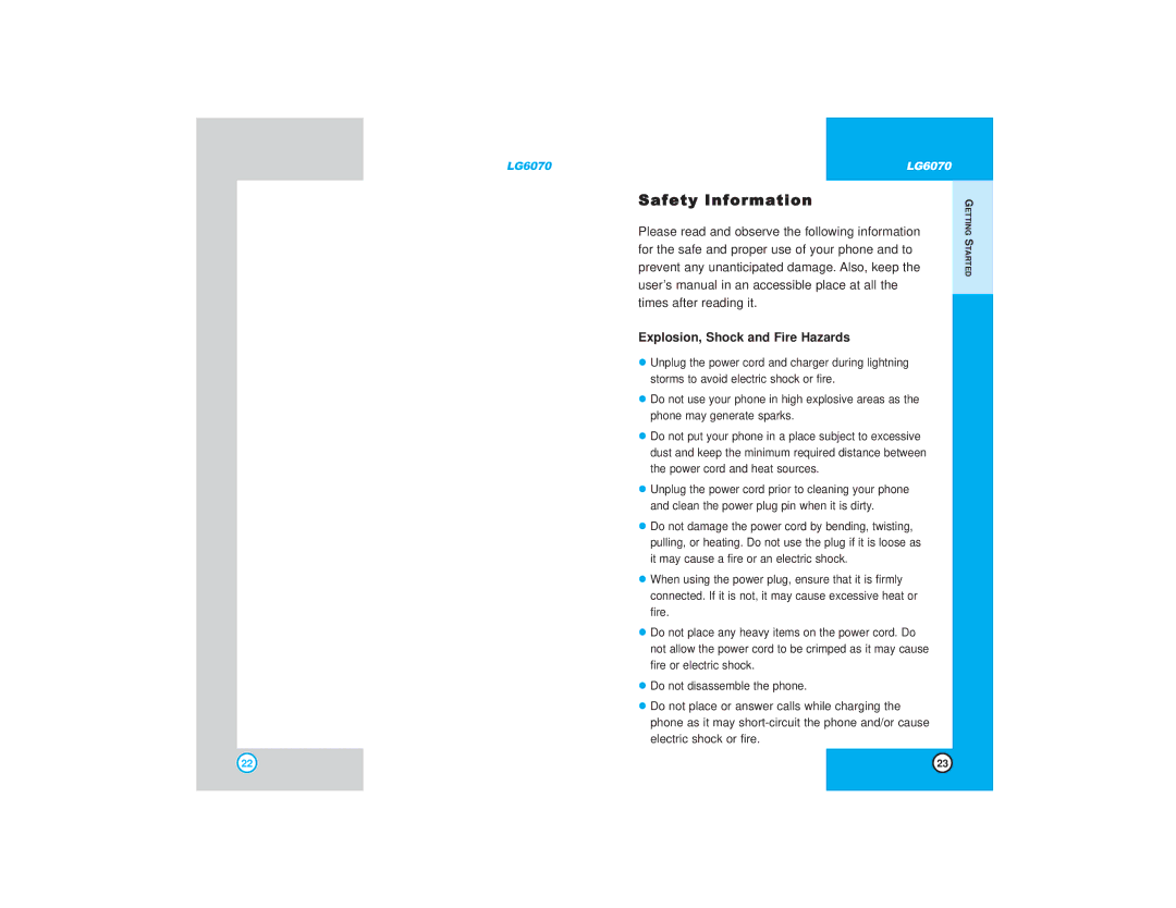 LG Electronics 6070 manual Safety Information, Explosion, Shock and Fire Hazards 